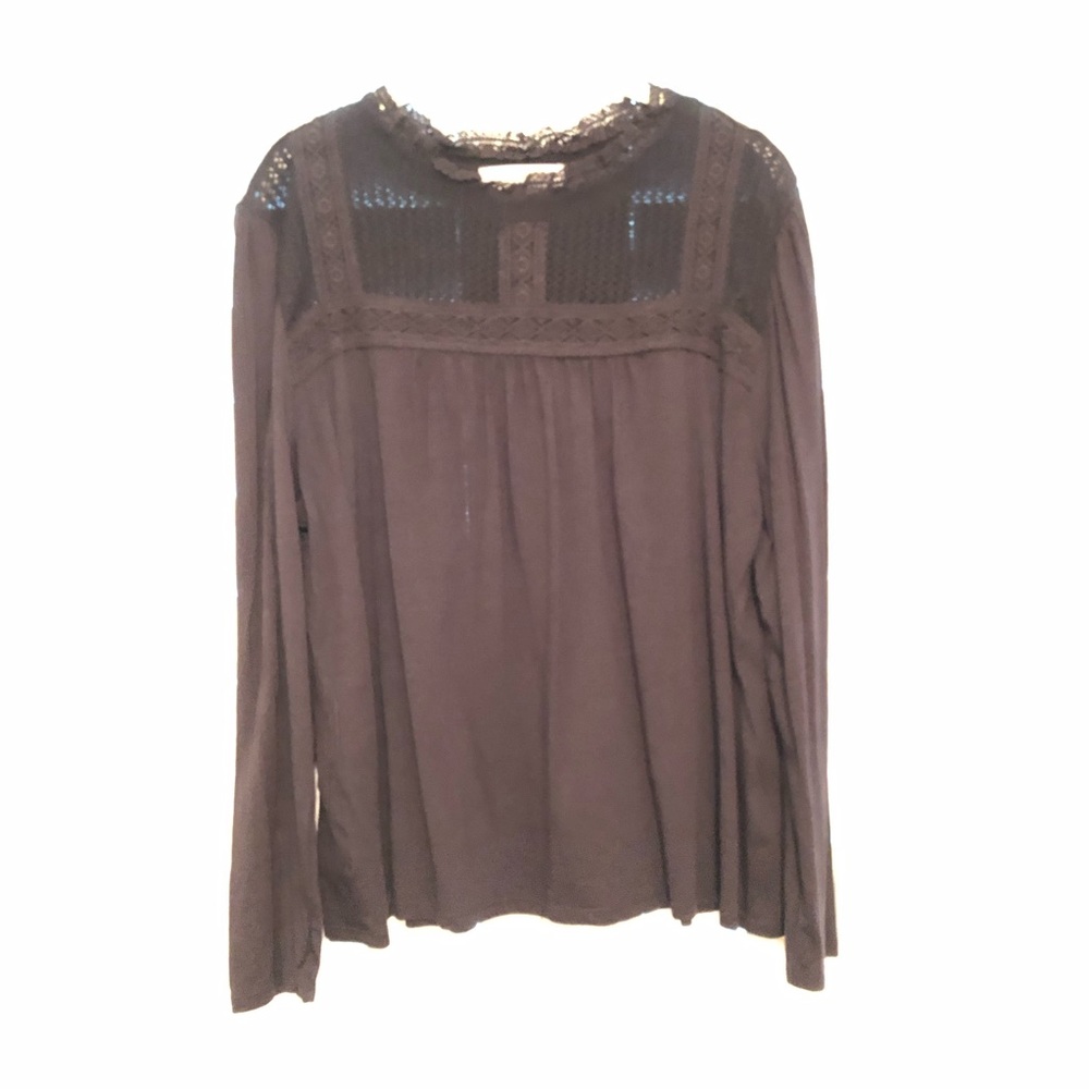 LOFT black long sleeve blouse with crochet neck/chest detail (XXL)